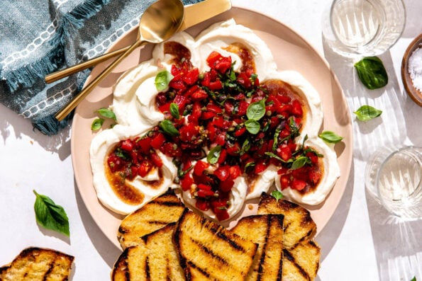 Goats Cheese Bruschetta Grazing Platter with Sourdough Baguette and Fresh Crudités