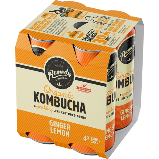 Remedy Kombucha Ginger Lemon 250mL | 4 pack