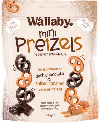 Wallaby Mini Pretzels Assortment Of Dark Chocolate & Salted Caramel G/F 120g