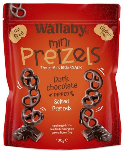 Wallaby Mini Pretzels Dark Chocolate Dipped Salted Pretzels G/F 100g EOL